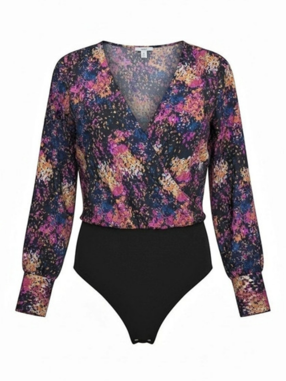Express Abstract Floral Long Sleeve Wrap Bodysuit in Black & Pink
